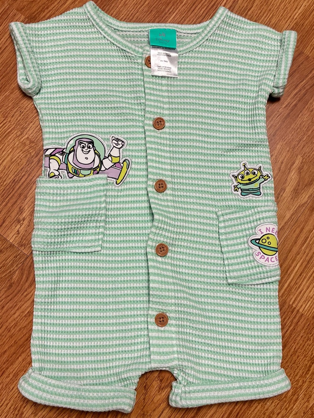 Disney Baby Toy Story Buzz Lightyear Waffle Knit Romper Mint Green 0-3M
